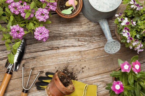 A garden workspace on a weathered wooden surface featuring various gardening tools and potted plants. In the foreground, there are vibrant pink and purple flowering plants in small terracotta pots, with some soil and gardening gloves placed nearby. A metal hand rake, a small trowel, and a gardening fork are arranged across the surface, along with a pair of yellow gardening gloves and a larger terracotta pot filled with soil. Towards the upper right, there is a grey watering can with a long spout and a metal container, possibly for planting or watering. The scene depicts a well-organized gardening setup in a garden or outdoor patio, suitable for lawn care, flower planting, and general outdoor maintenance, reflecting typical features of a residential landscaped area near Rotherhithe, London. Natural daylight illuminates the scene, highlighting the vibrant colors and textures of the plants and tools, consistent with outdoor gardening activities coordinated by professional landscapers such as Landscapers Rotherhithe.