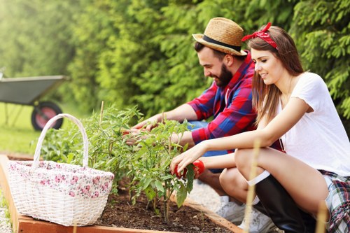 A man and a woman are gardening in a backyard with lush green trees in the background. The man, wearing a straw hat and a red and blue checked shirt, is tending to a small vegetable or flower plant in a raised wooden garden bed. The woman, dressed in a white T-shirt and plaid trousers, is leaning forward and helping with the planting or watering process. In the foreground, there is a pink floral-patterned basket placed on the edge of the garden bed, likely used for garden tools or harvested produce. The garden area features well-maintained soil, a vibrant green lawn surrounding the garden bed, and natural, bright outdoor lighting suggesting a sunny day. This outdoor space demonstrates typical features of a residential garden or landscaped yard, highlighting activities related to gardening, lawn care, and outdoor maintenance, consistent with services offered by landscapers in Rotherhithe.