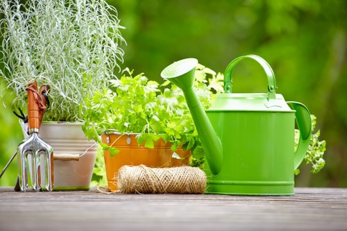 A well-organized garden workspace featuring various gardening tools and supplies placed on a wooden surface outdoors. Visible items include a silver hand rake and a fork, a large white pot containing a lavender plant, a smaller terracotta pot with lush green foliage, a neatly coiled natural fiber garden twine, and a bright green plastic watering can. The background shows a blurred green garden with vibrant leaves, suggesting a peaceful outdoor setting typical of a residential garden in Rotherhithe. The arrangement highlights the tools and equipment used for garden maintenance and planting, reflecting professional gardening services offered by Landscapers Rotherhithe. The scene is well-lit with natural sunlight, indicating a clear weather day, suitable for ongoing outdoor gardening activities. The overall composition emphasizes natural textures, plant greenery, and functional garden accessories, aligning with landscape and gardening service themes for outdoor space improvement in the local area.