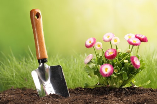 Beautifully maintained lawn with flower beds